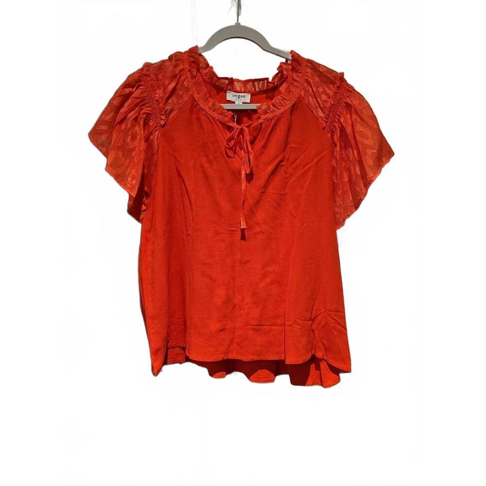 Umgee Women’s Sheer Leopard Print Sleeve Linen Blend  Medium Boho Chic
